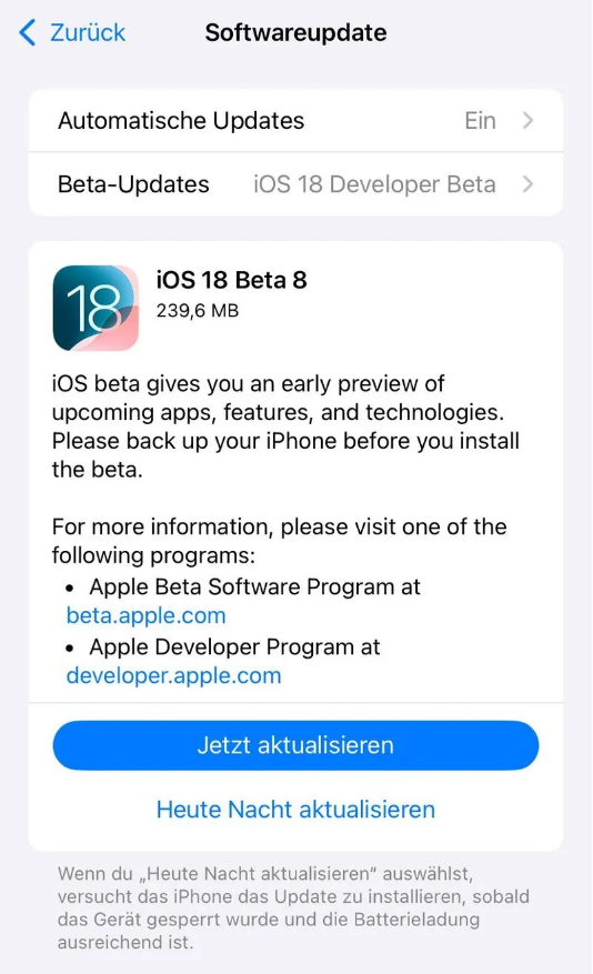 南吕镇苹果手机维修分享苹果 iOS / iPadOS 18 开发者预览版 Beta 8 发布 